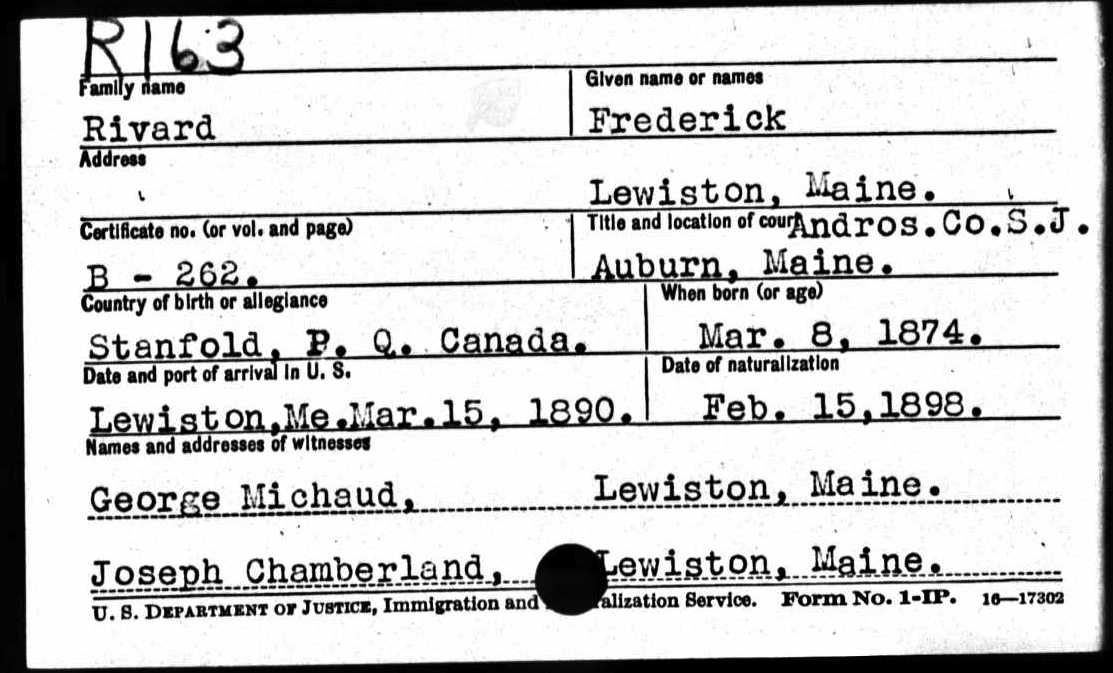 Frederick Rivard naturalization record